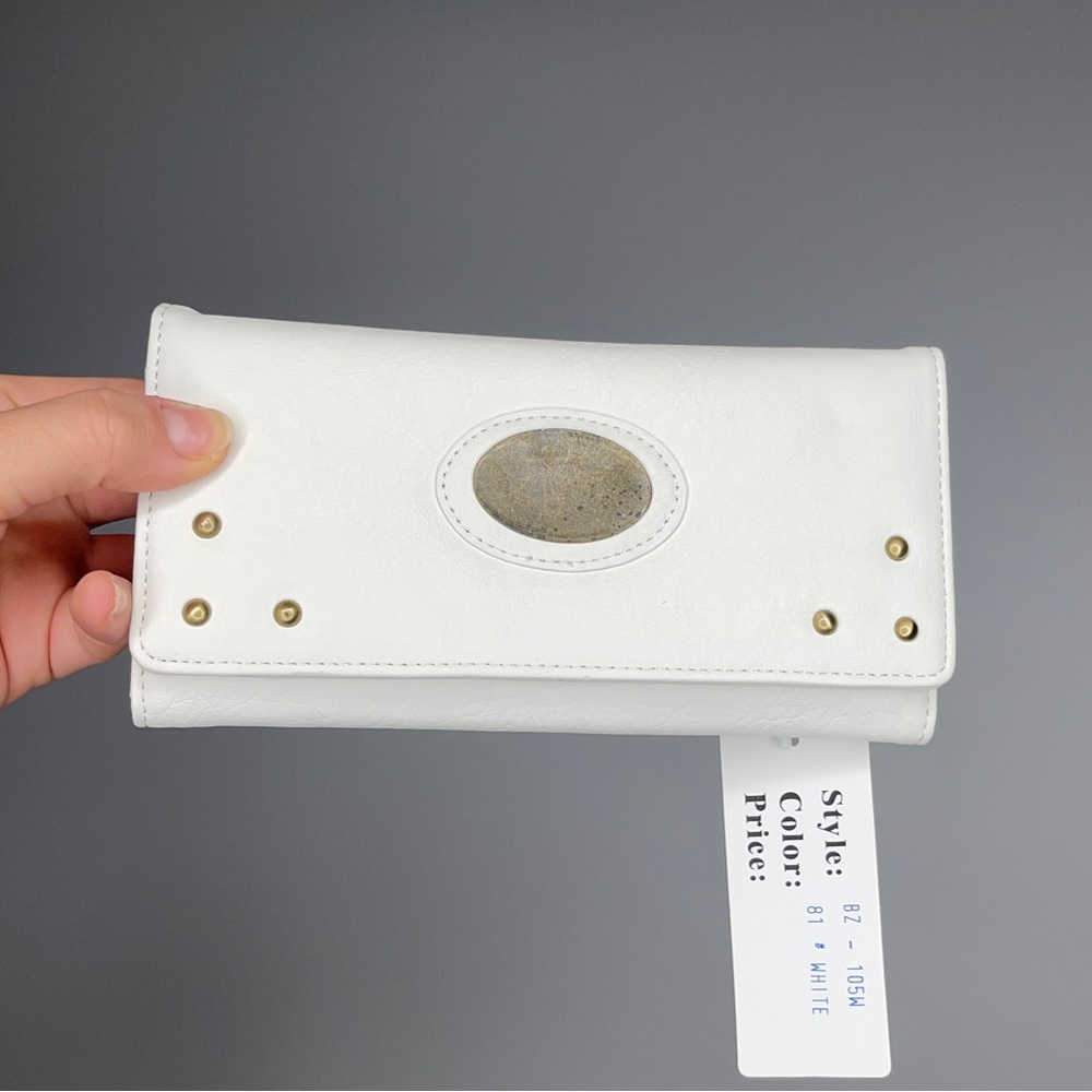 White Tri-Fold Wallet with Gold Hardware